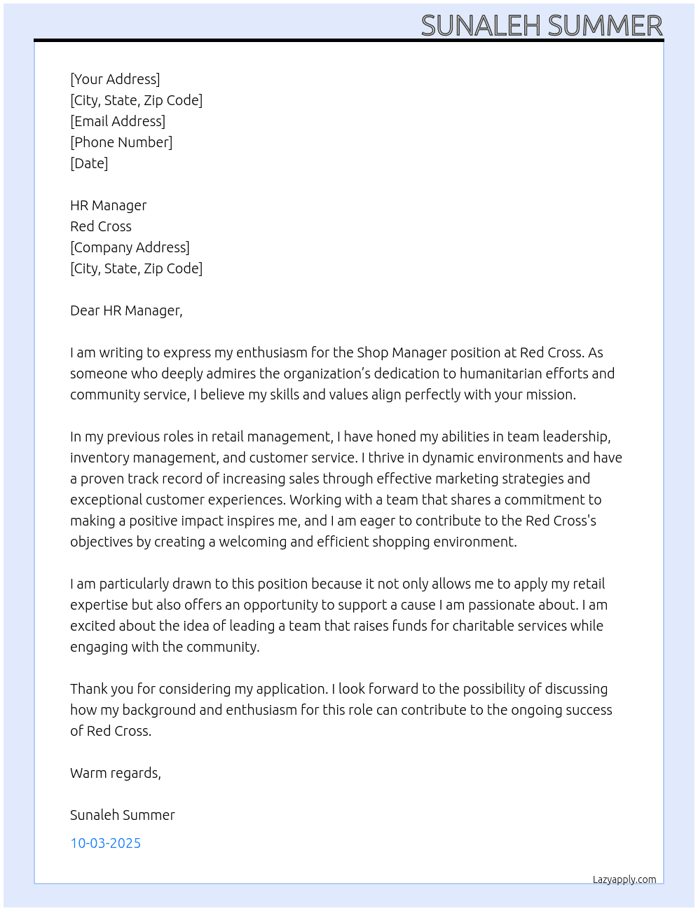 Cover letter for shop manager - LazyApply