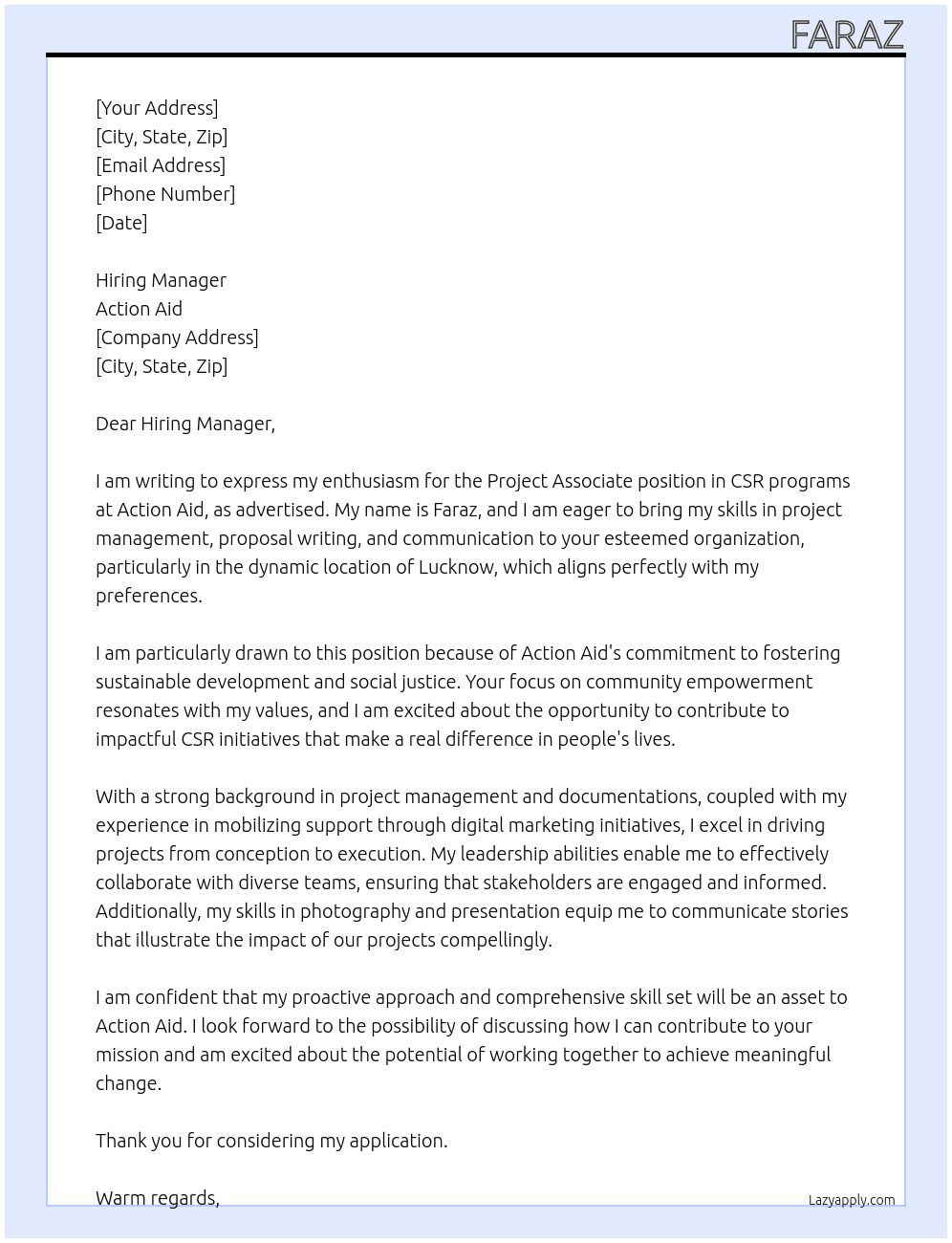 project associate csr programs At action aid Cover Letter