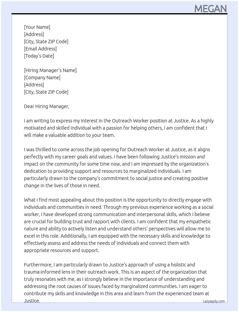 Outreach worker At justice Cover Letter