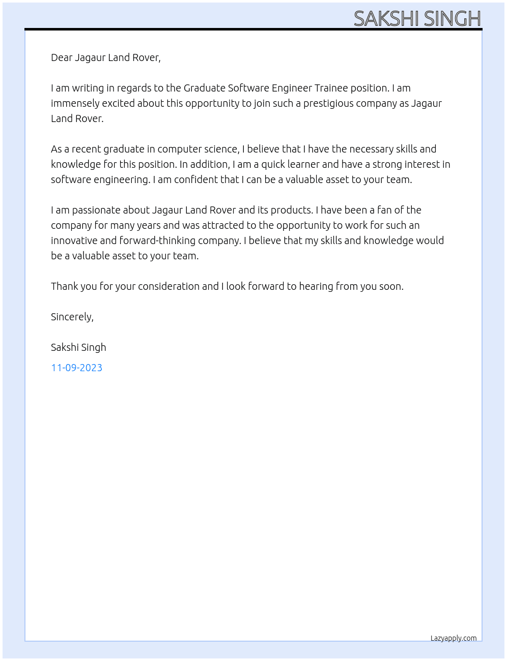 Graduate Software engineer trainee At Jagaur Land Rover Cover Letter
