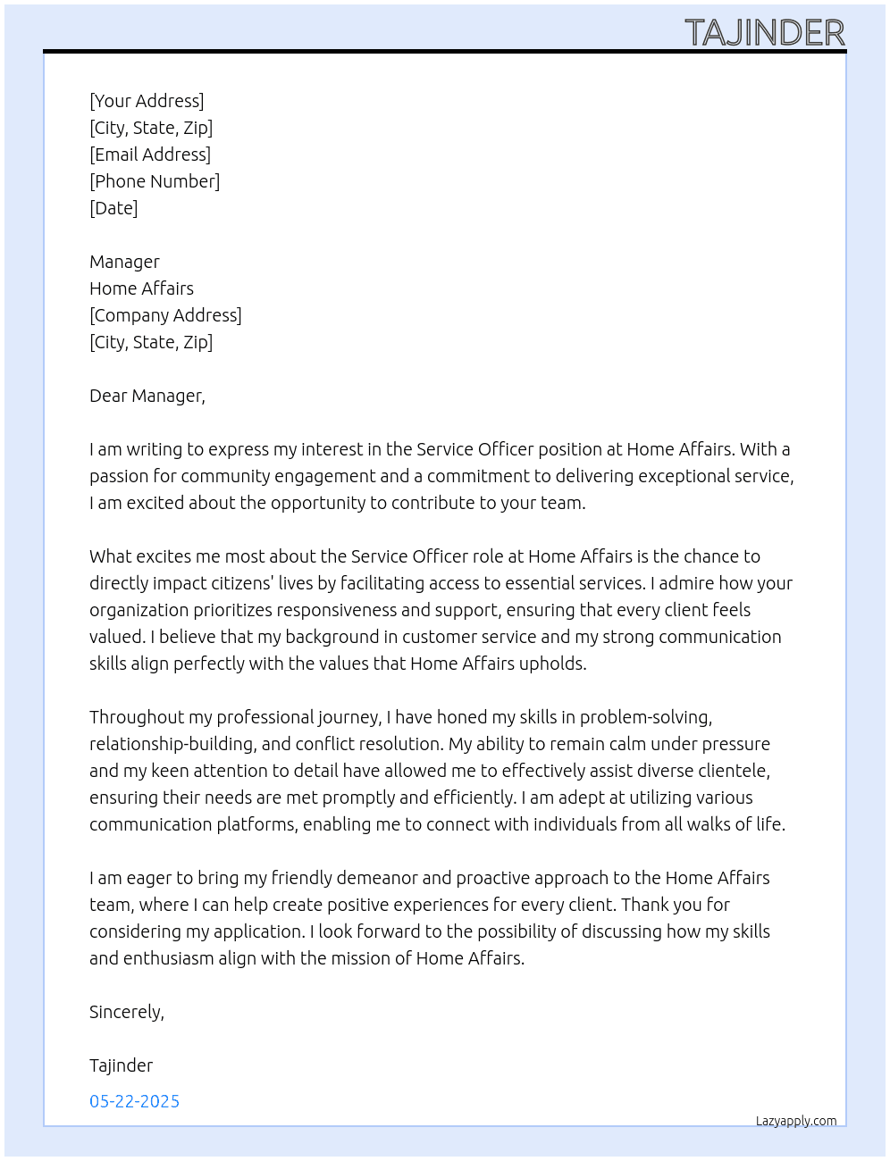 Service officer At Home affairs Cover Letter