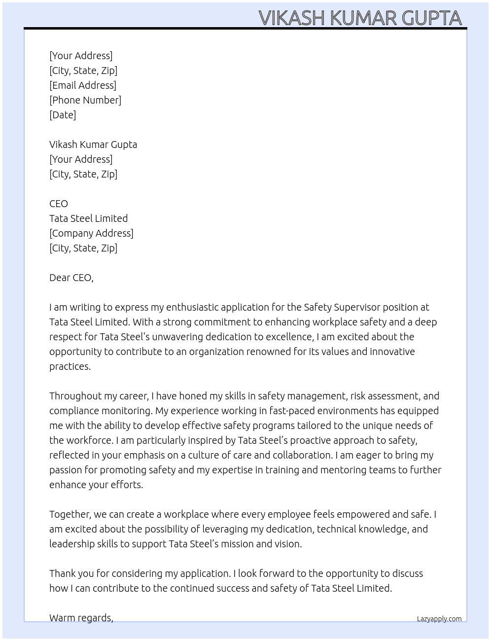 SAFETY SUPERVISOR  At TATA STEEL LIMITED  Cover Letter