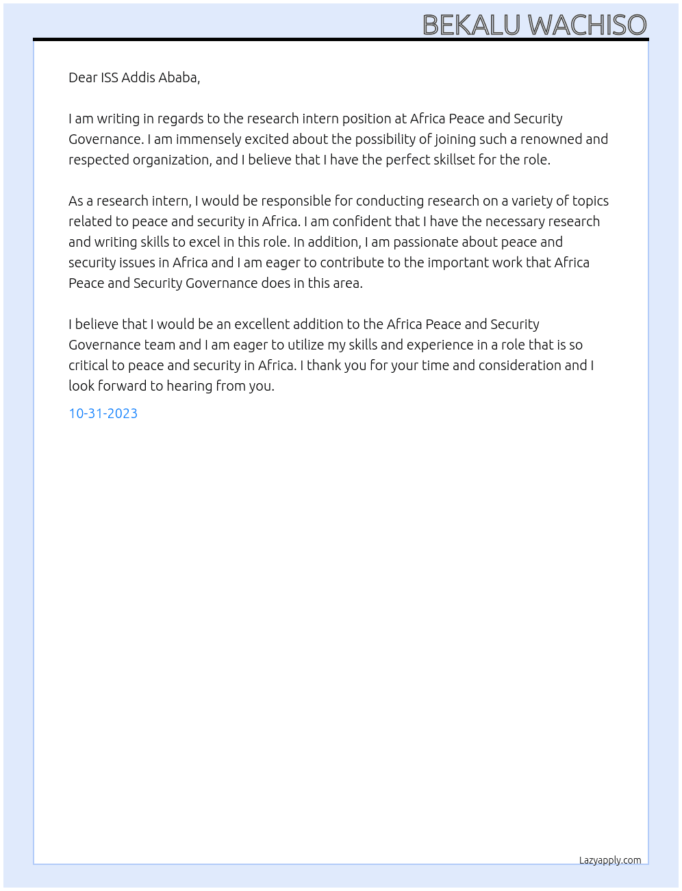 Research intern At Africa Peace and Security Governance Cover Letter