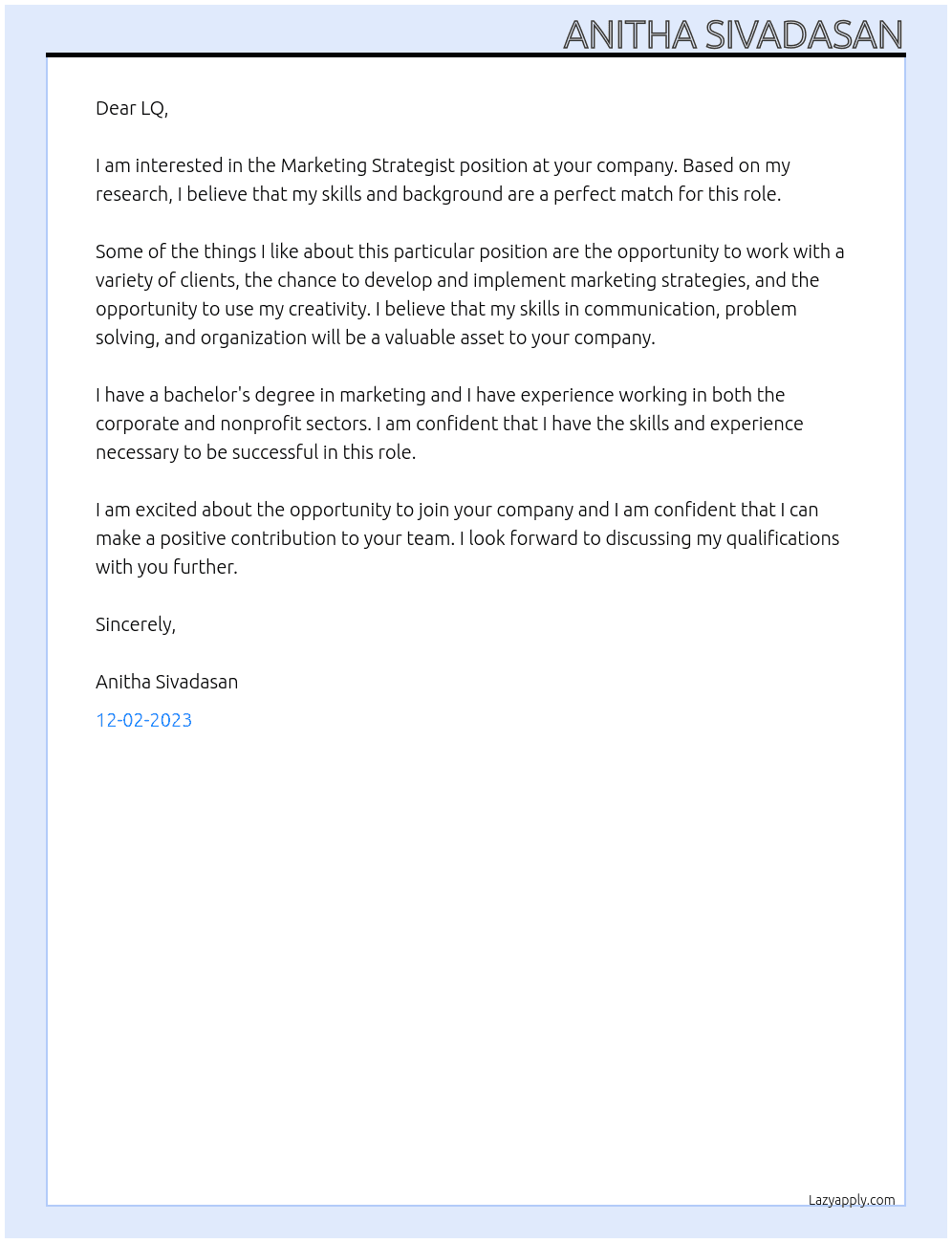 Marketing Strategist At LQ Cover Letter