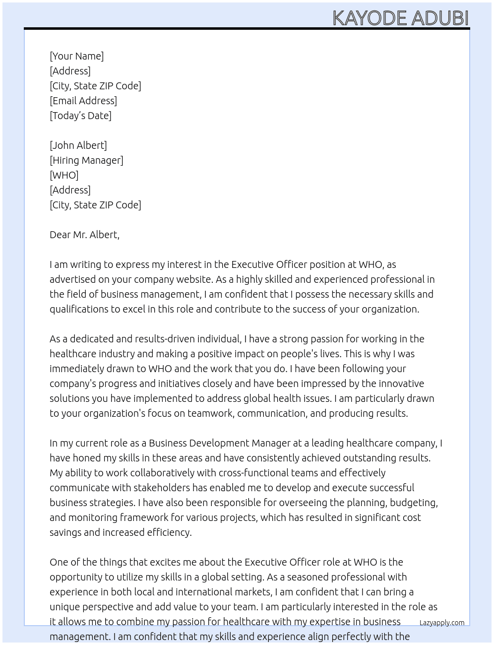 Executive Officer At WHO Cover Letter