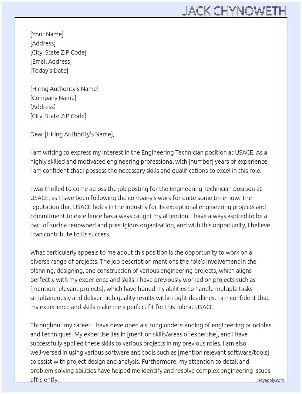 Engineering Technicain At USACE Cover Letter