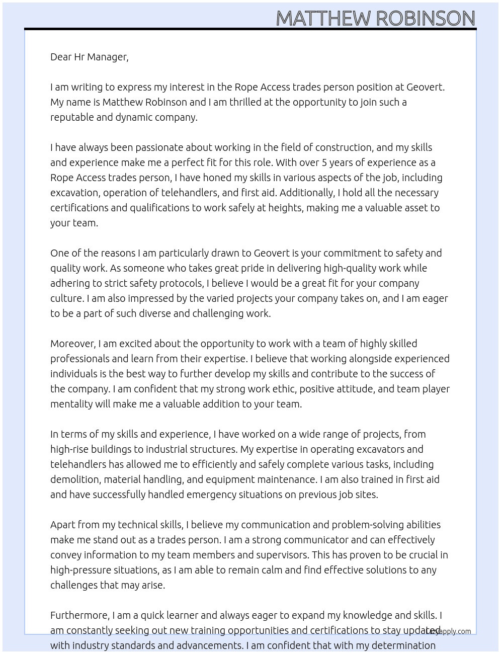 Rope Access trades person At Geovert Cover Letter