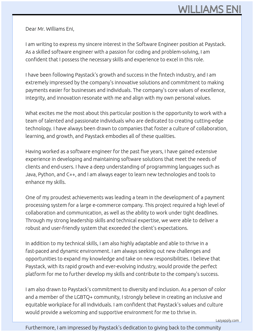Software Engineer At Paystack Cover Letter