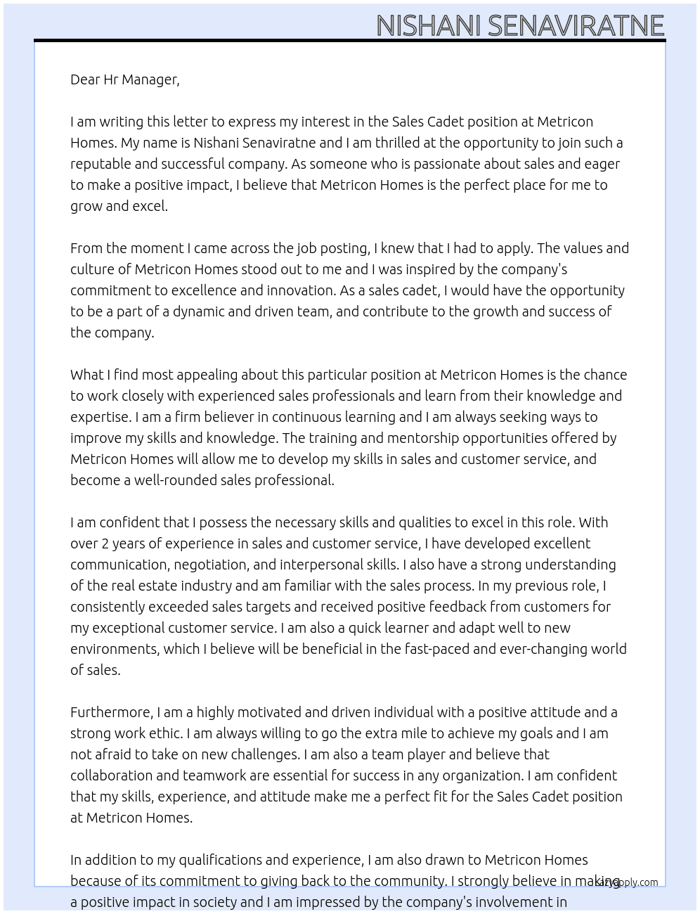 Sales Cadet At Metricon Homes Cover Letter