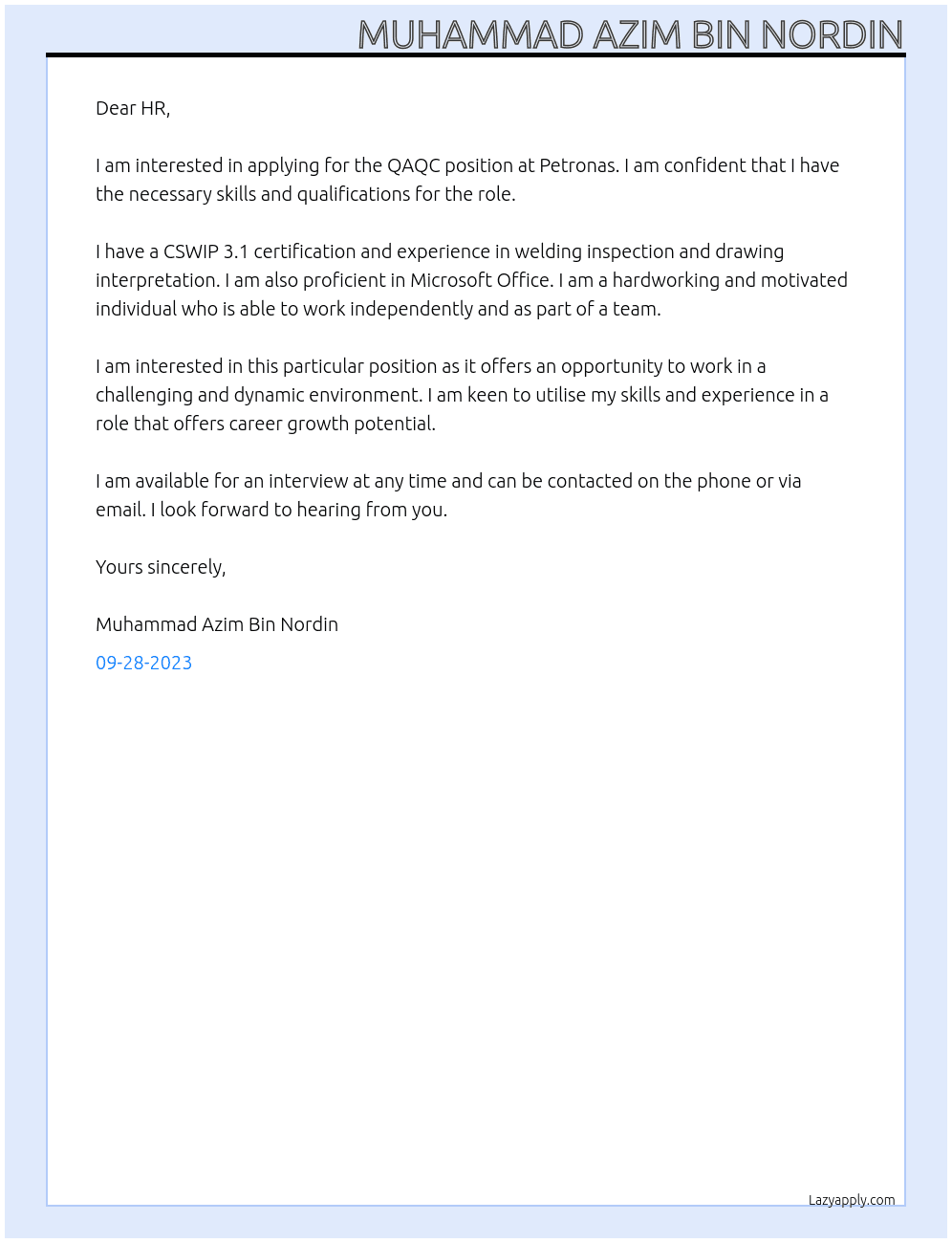 QAQC  At Petronas Cover Letter