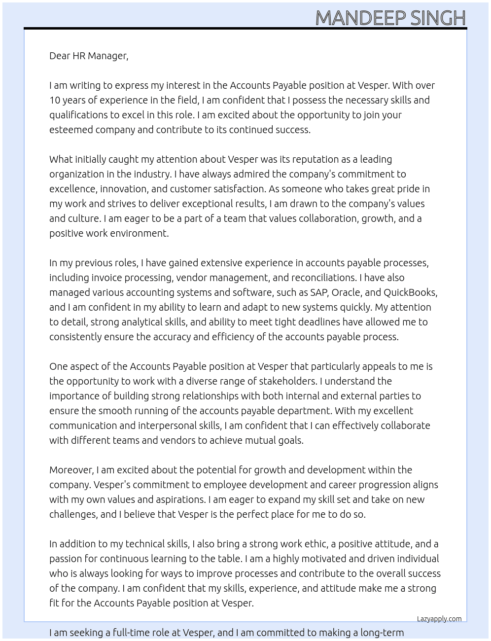ACCOUNTS PAYABLE At VESPER Cover Letter