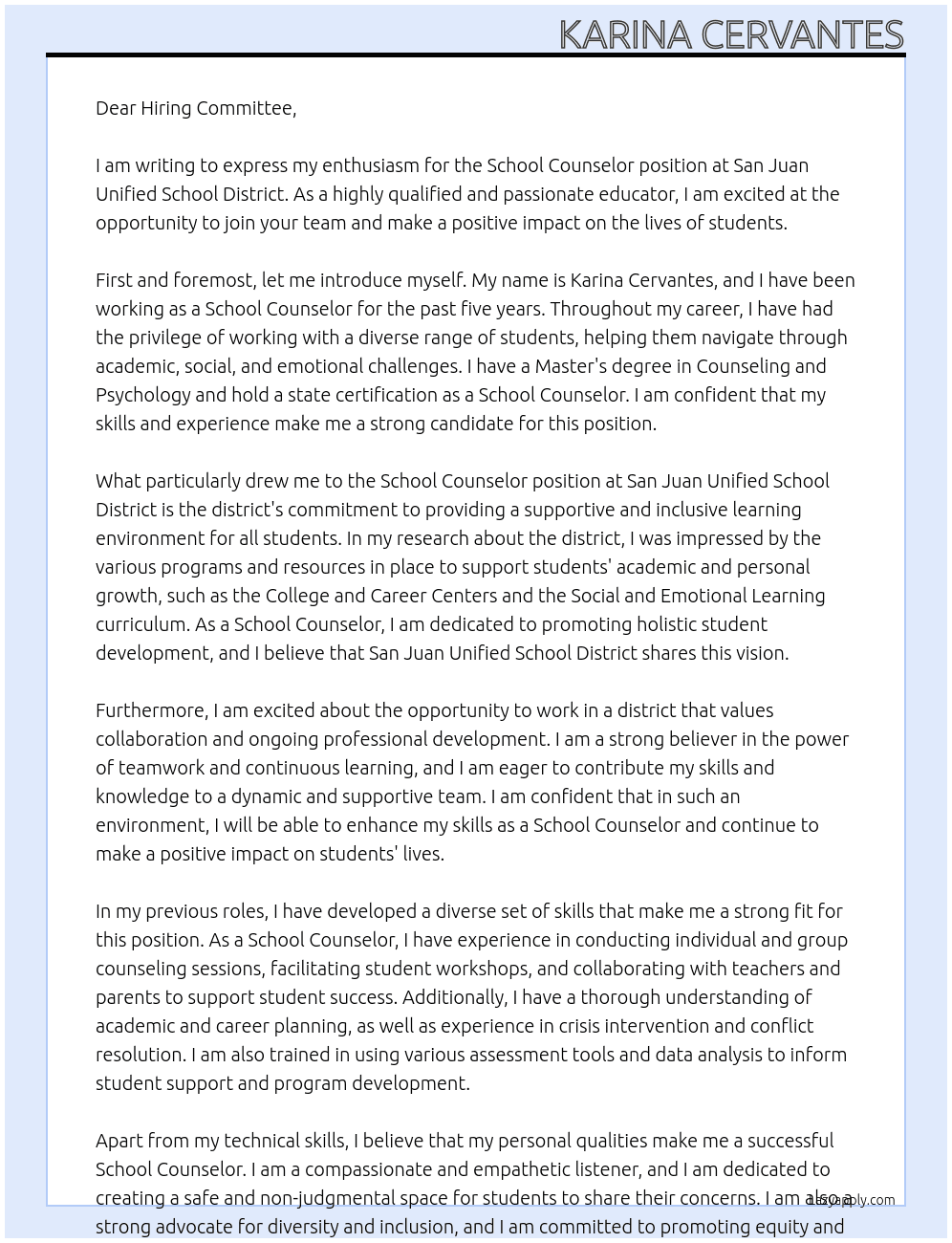 School Counselor At San Juan Unified School District Cover Letter