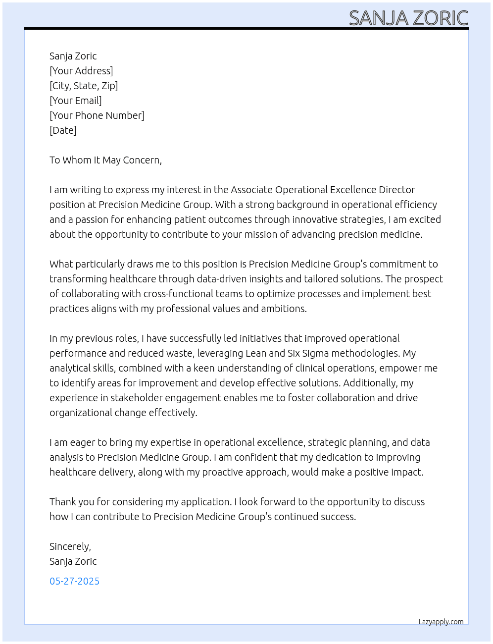 Associate Operational Excellence Director At Precision Medicine Group Cover Letter