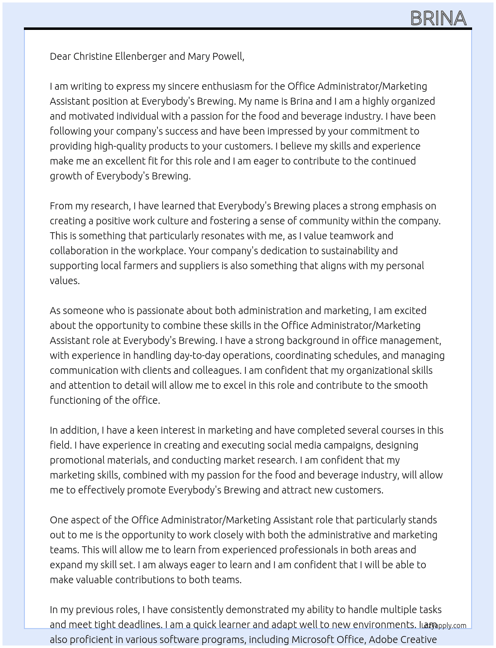 Cover letter for office administrator/marketing assistant - LazyApply