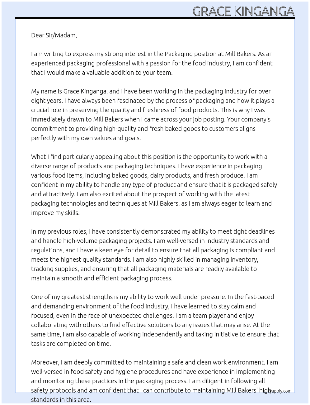 Packaging  At Mill Bakers Cover Letter
