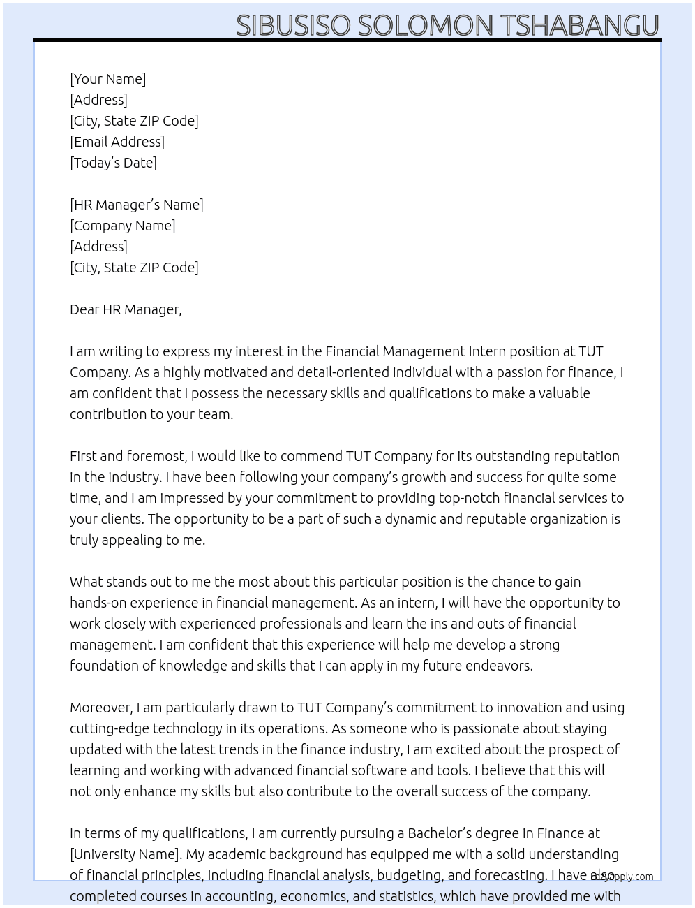 FINANCIAL MANAGEMENT INTERN At TUT COMPANY Cover Letter