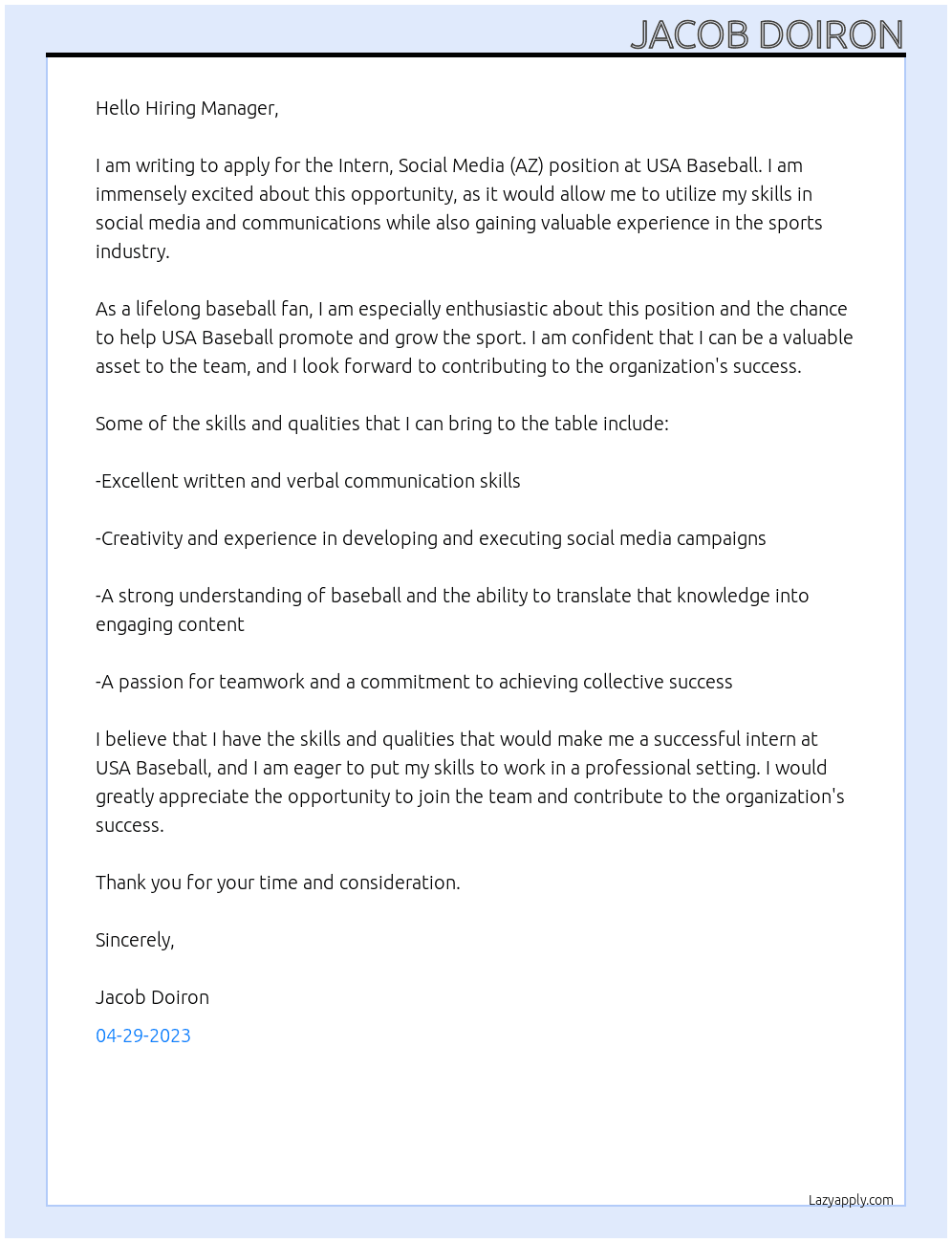 Intern, Social Media (AZ) At USA Baseball Cover Letter