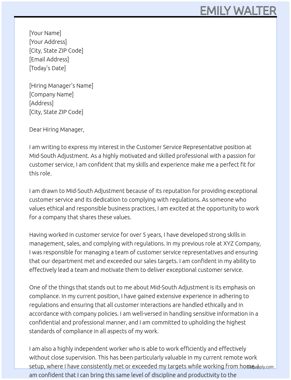 Customer Service Representative At Mid-South Adjustment Cover Letter
