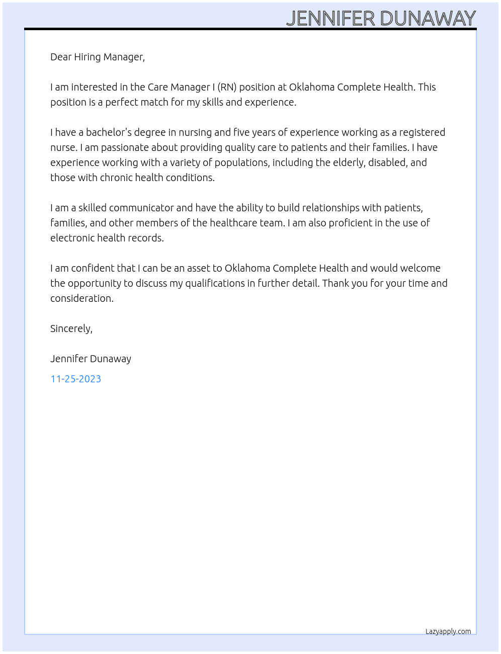 Care Manager I (RN) At Oklahoma Complete Health Cover Letter