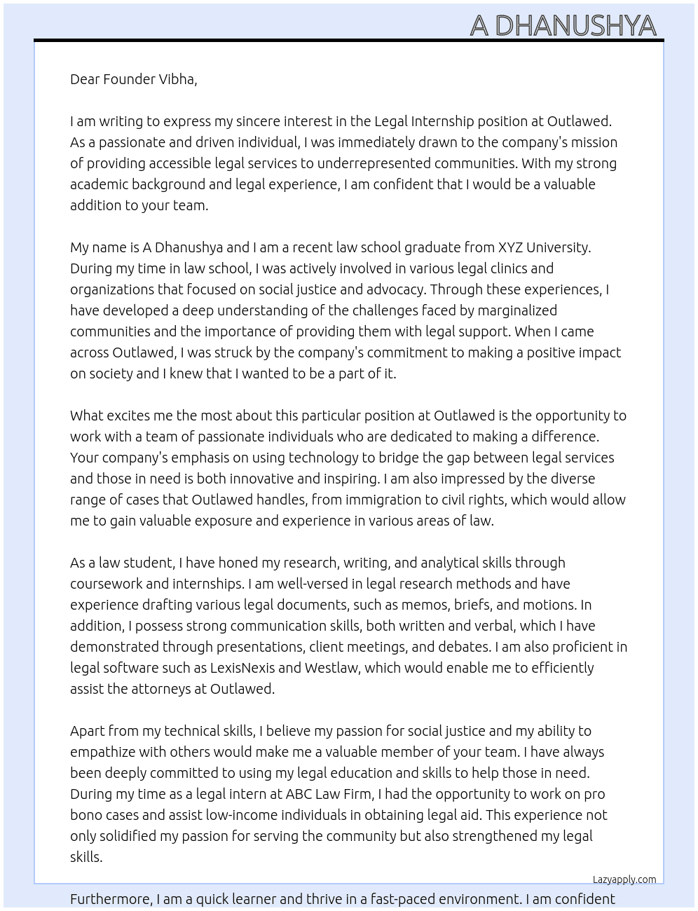 Legal internship  At Outlawed Cover Letter