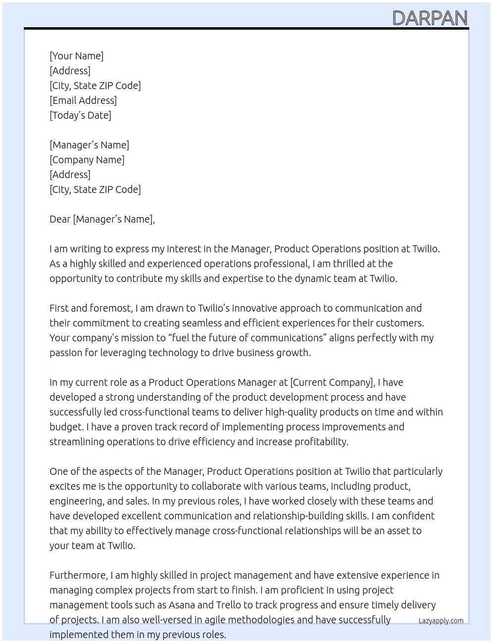Cover letter for manager, product & operations - LazyApply