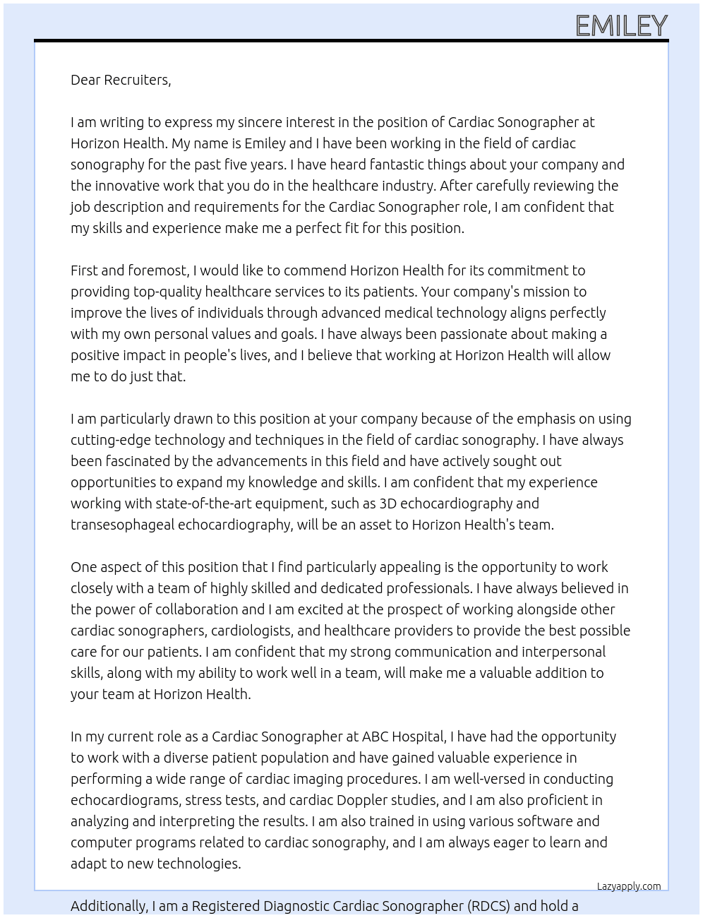 Cardiac Sonographer At Horizon Health  Cover Letter