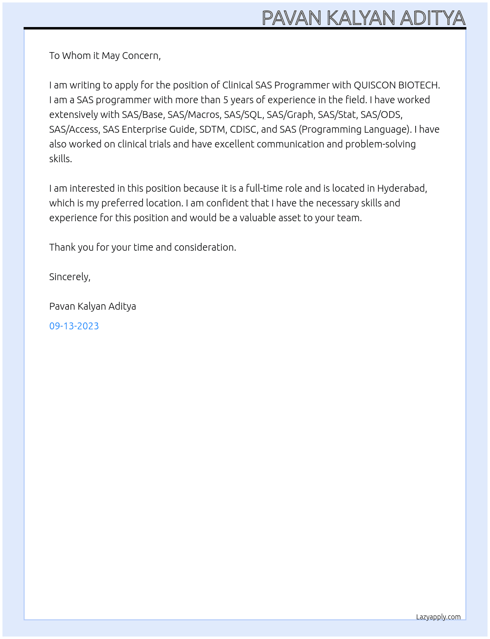 Clinical SAS Programmer At QUISCON BIOTECH Cover Letter