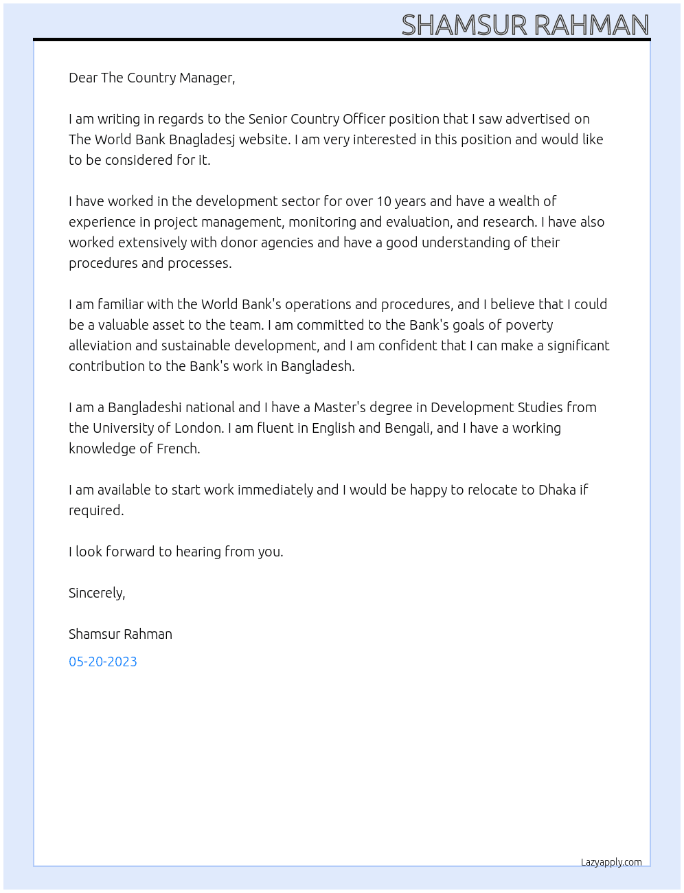 Senior Country Officer At The World Bank Bnagladesj Cover Letter