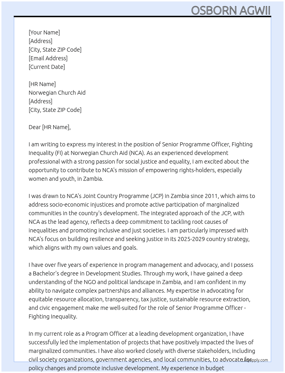 Senior Programme Officer, Fighting Inequality (FI) At Norwegian Church Aid Cover Letter