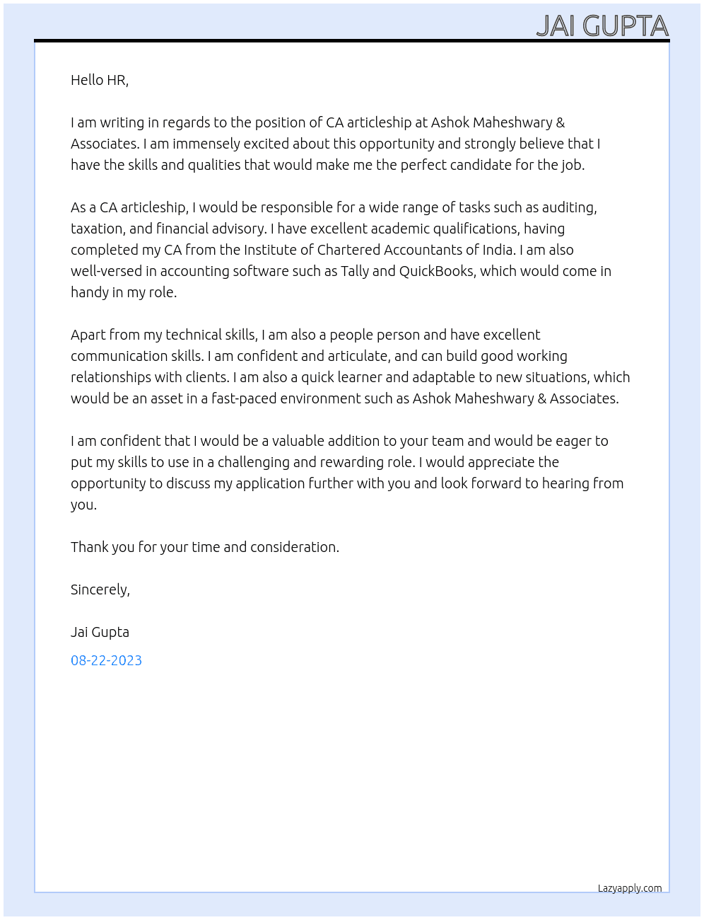 ca articleship At ashok maheshwary & associates Cover Letter