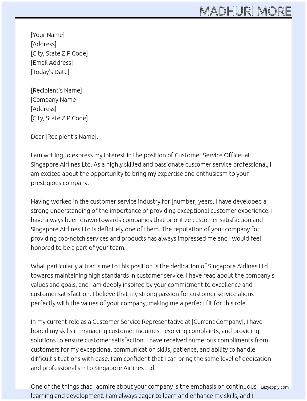 customer service  At Singapore Airlines Ltd Cover Letter