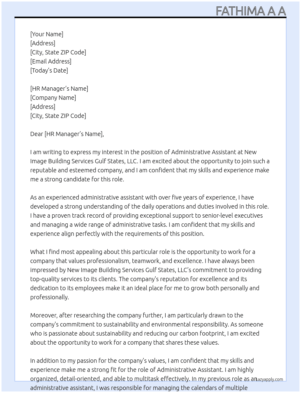 Admin Assistant At New Image Building Services Gulf States, LLC. Cover Letter