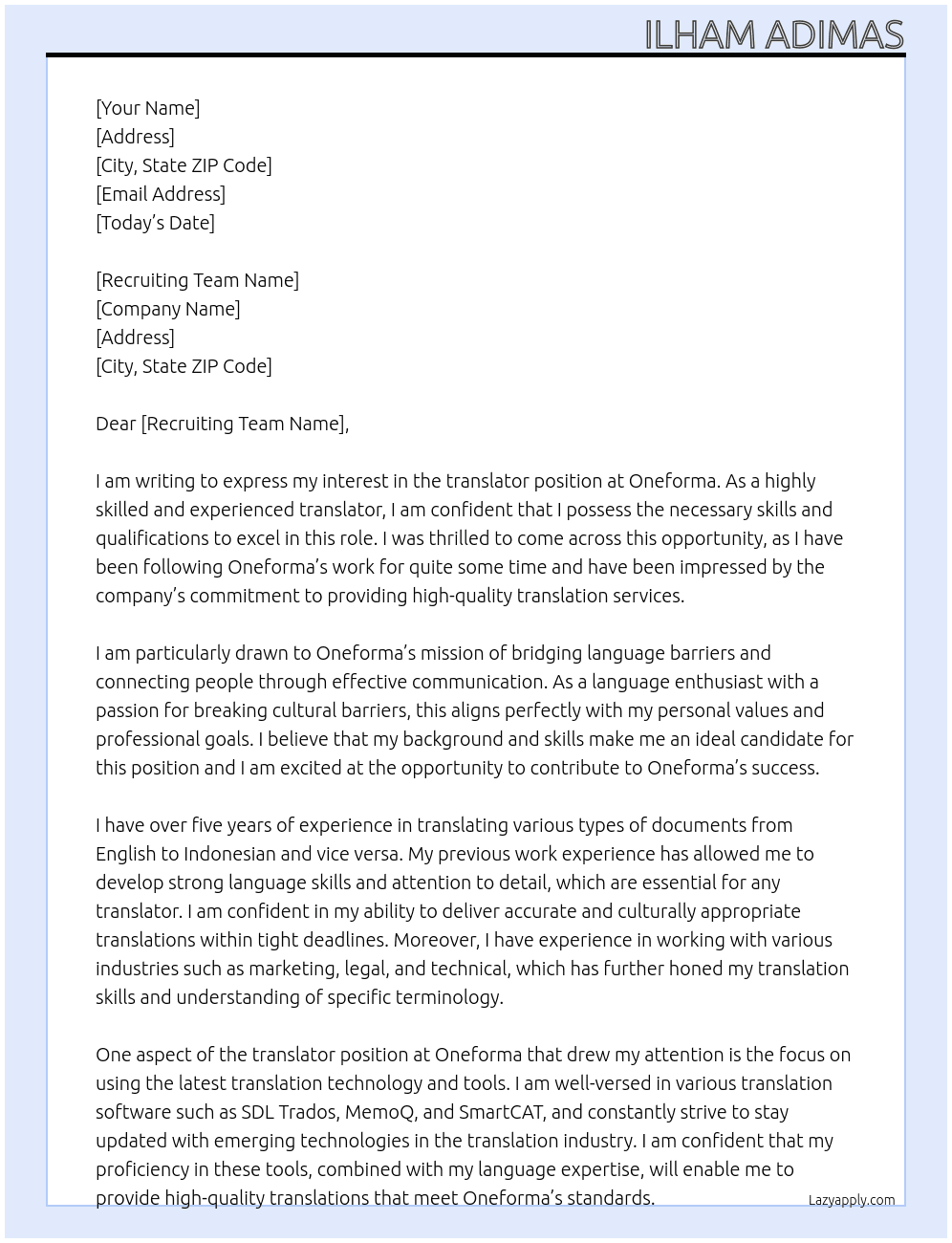tranlator At oneforma Cover Letter