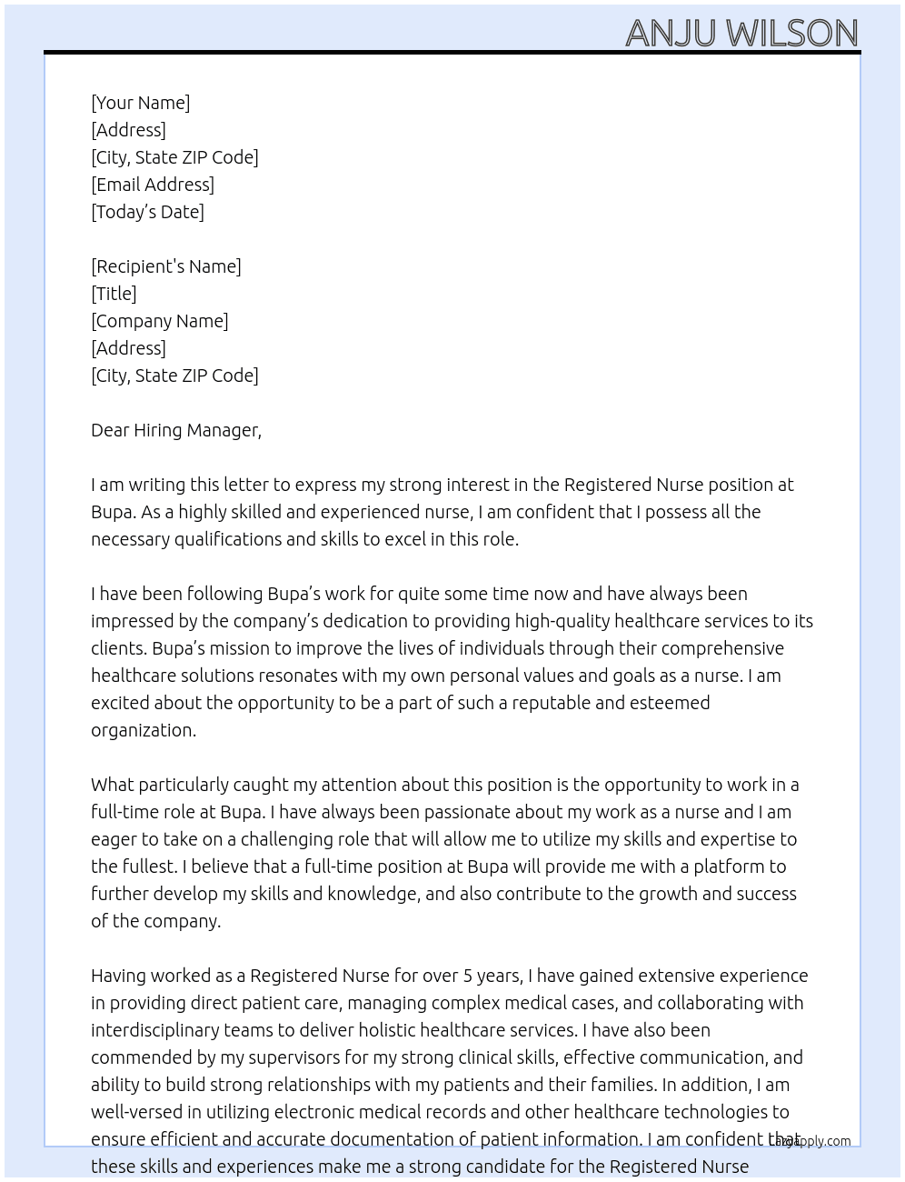Registered Nurse At Bupa Cover Letter