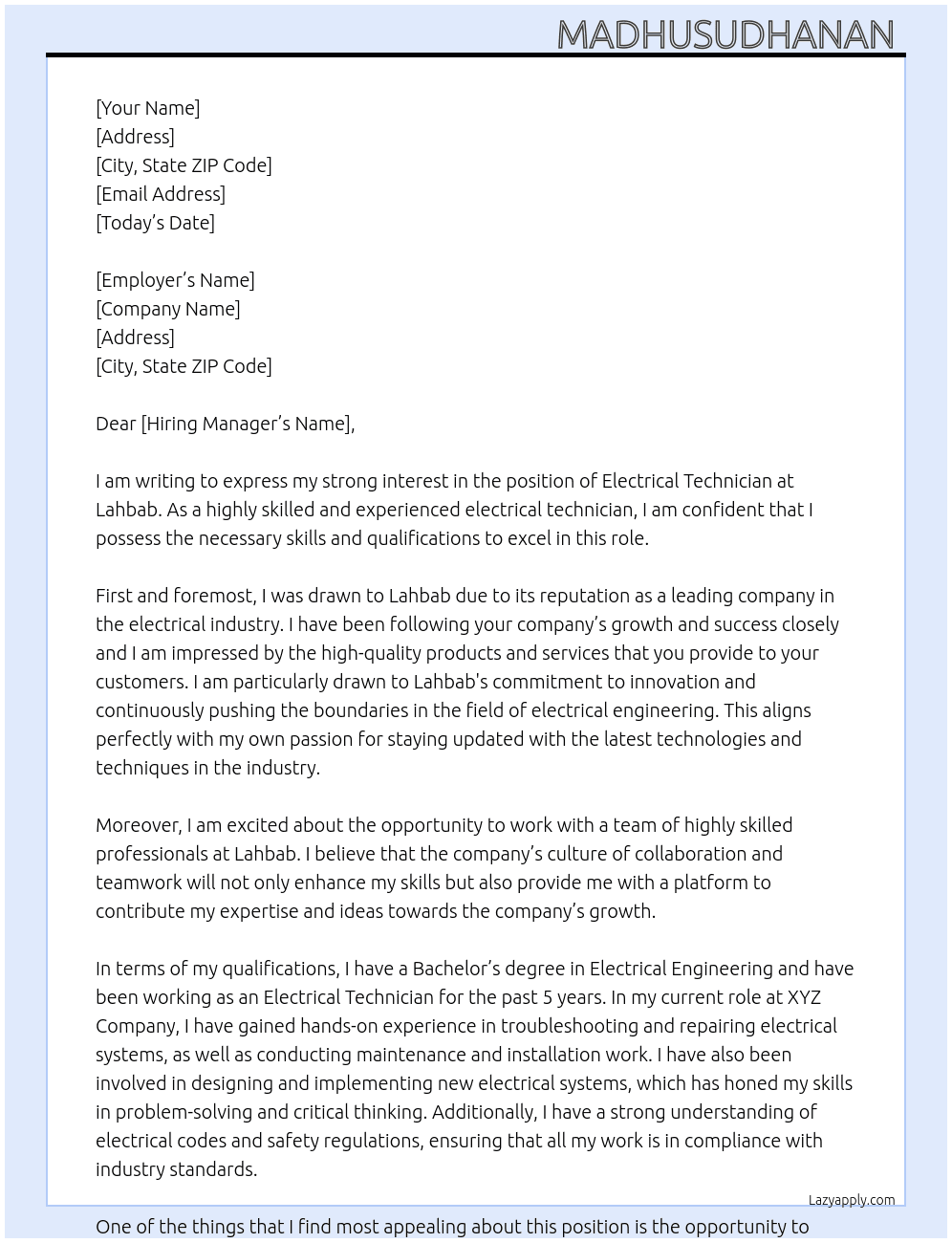 Electrical Technician At Lahbab Cover Letter