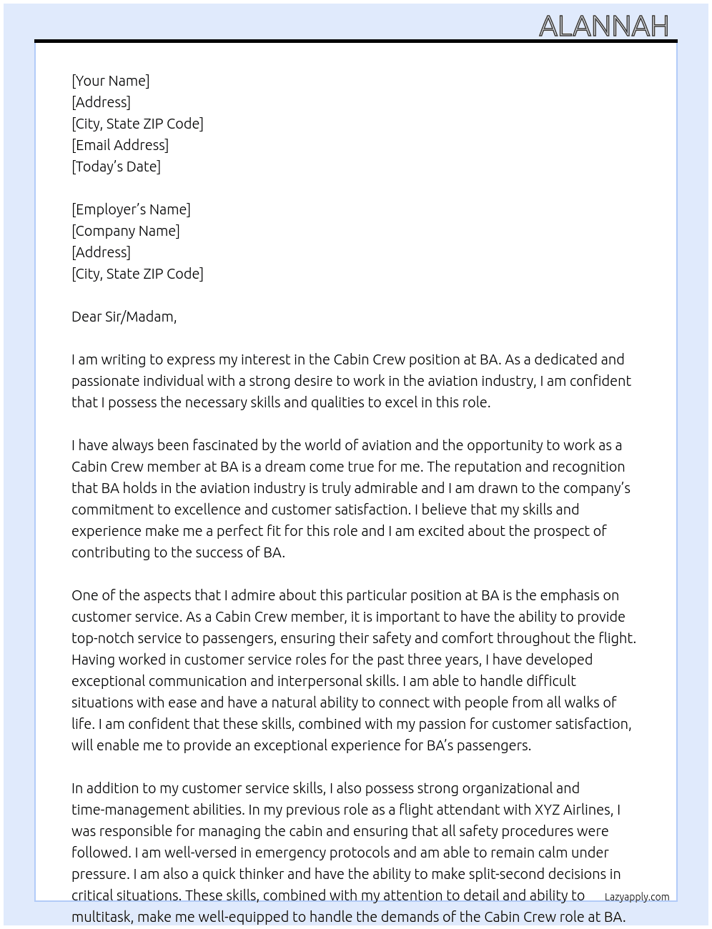 Cabin Crew At BA Cover Letter