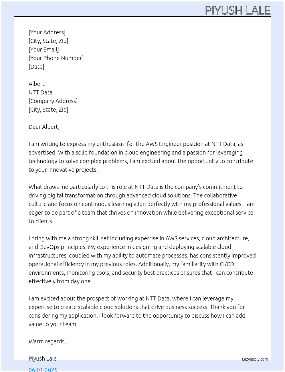 Aws Engineer At NTT Data Cover Letter