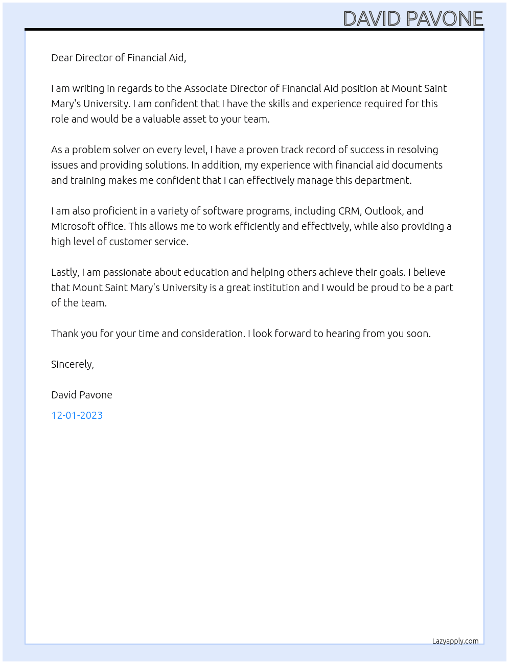 Associate Director of Fin. Ai At Mount Saint Mary's University Cover Letter