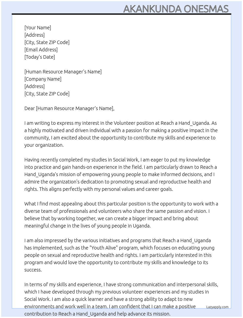 Volunteer  At Reach a hand _Uganda Cover Letter