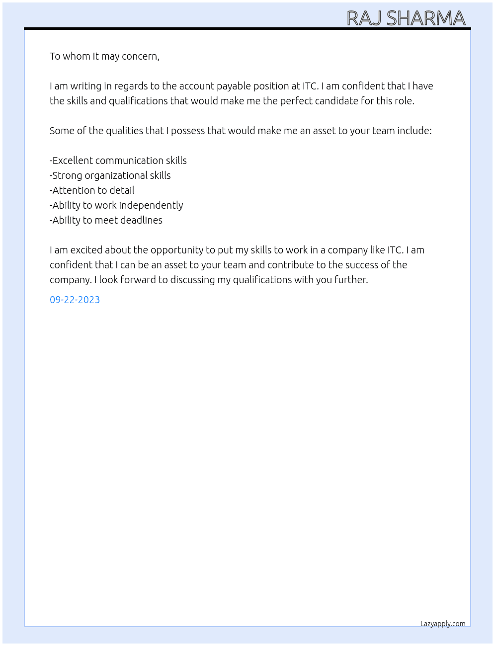 account payable  At ITC Cover Letter