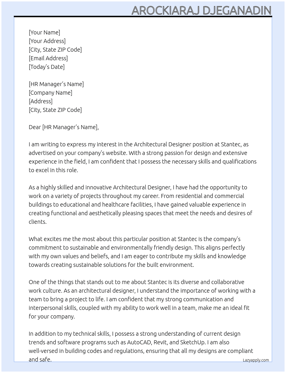 Architectural Designer At Stantec Cover Letter