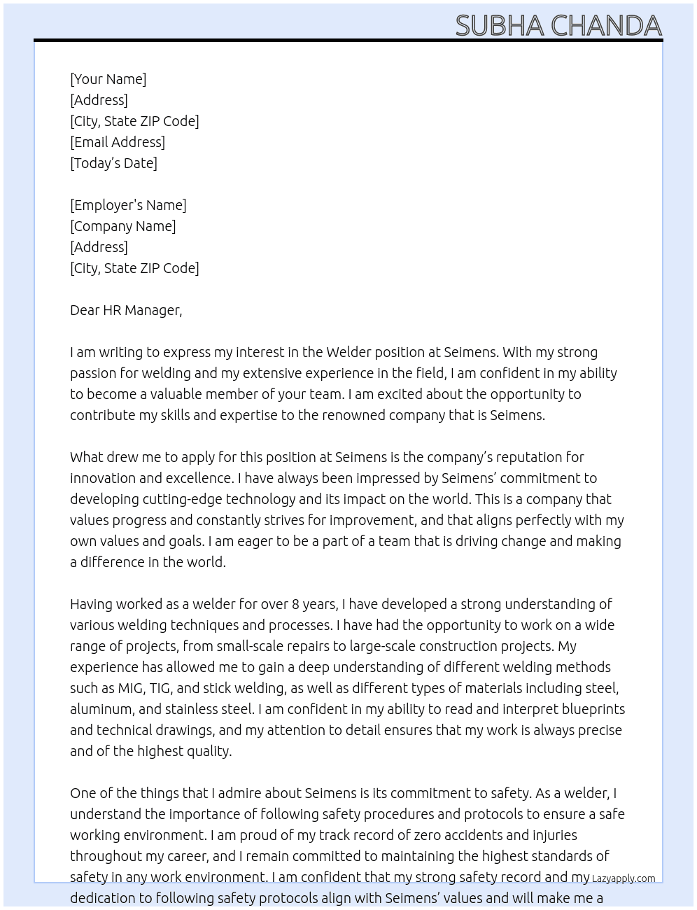 welder At Seimens Cover Letter