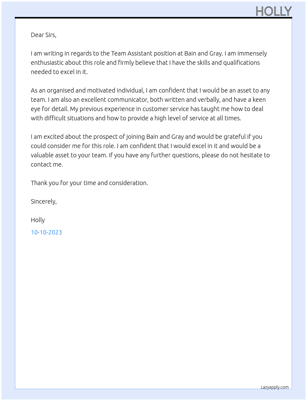 Team Assistant At Bain and Gray Cover Letter
