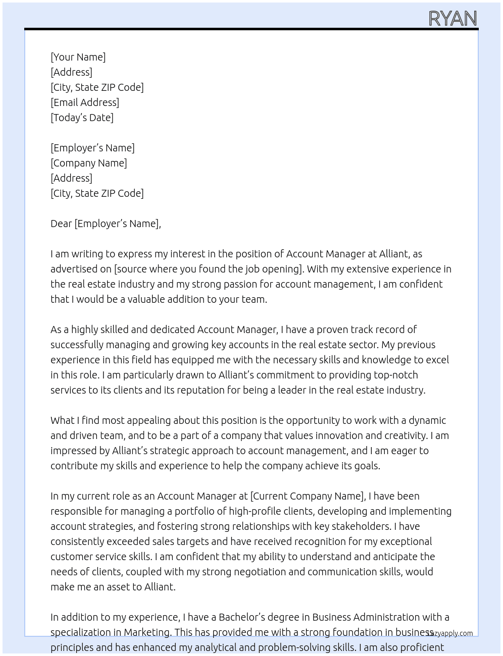 Account Manager - Real Estate At Alliant Cover Letter