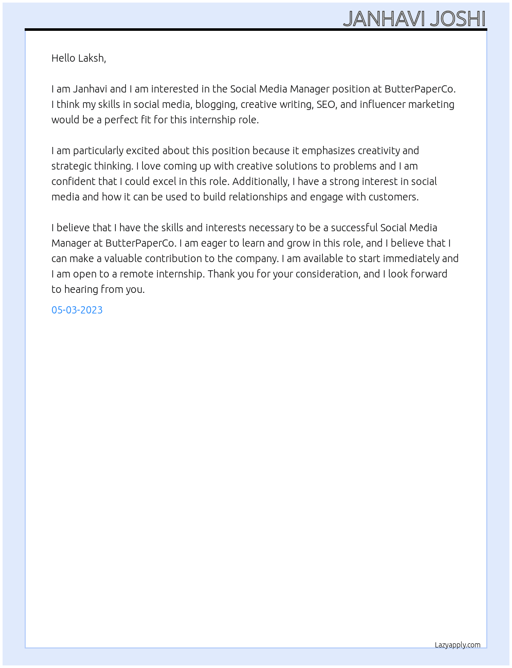 Social Media Manager At ButterPaperCo Cover Letter