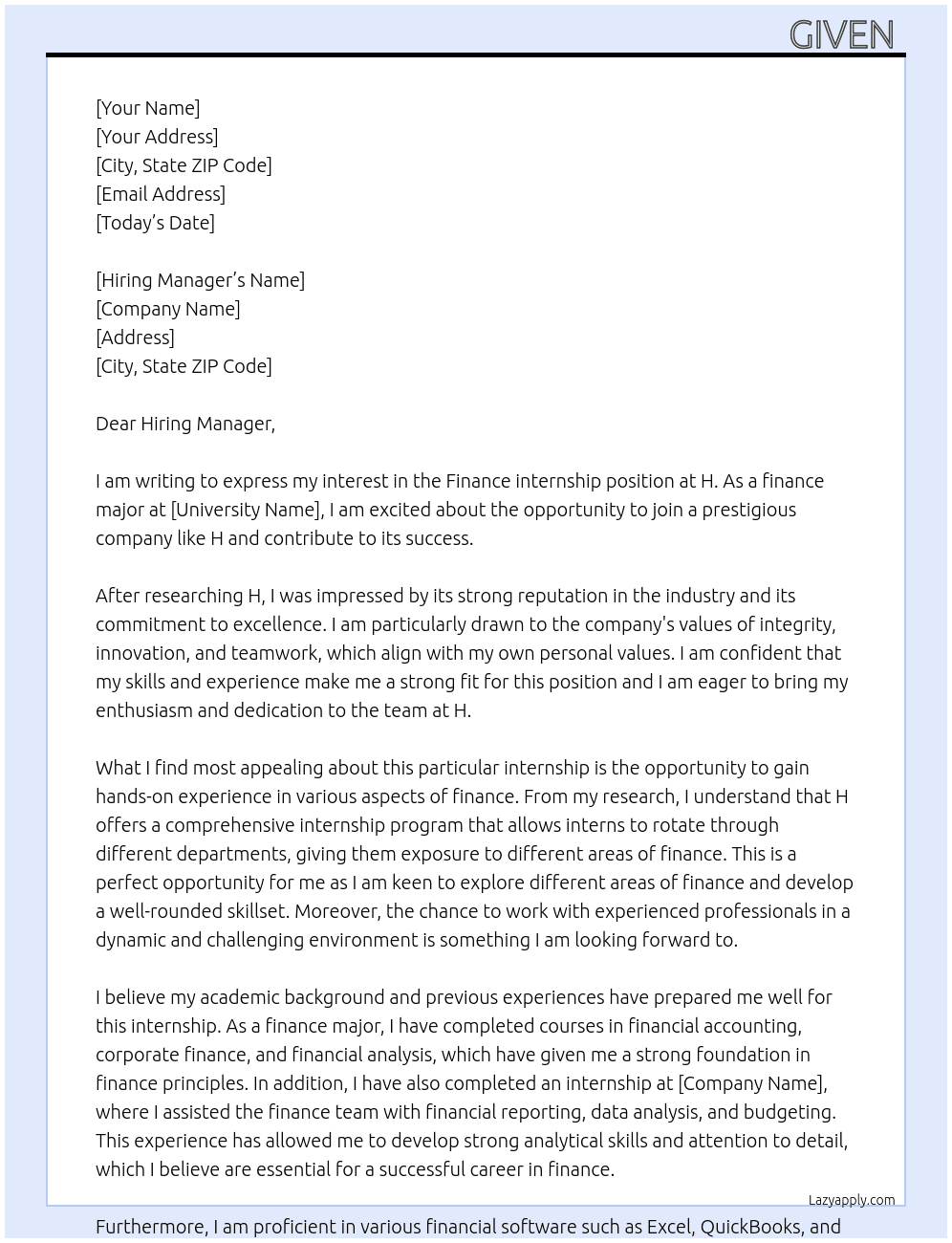 Finance internship  At H Cover Letter