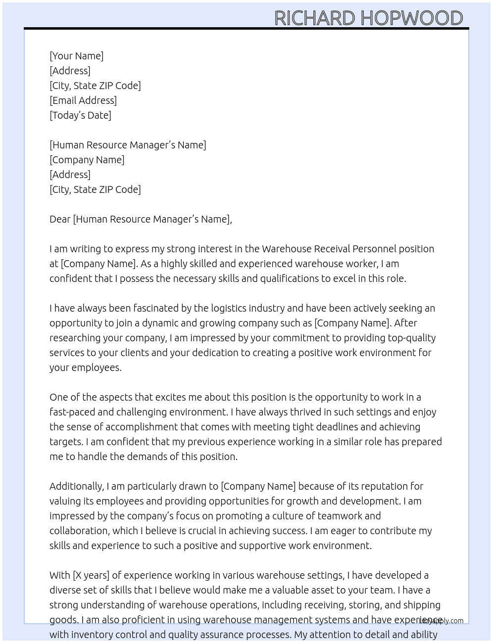 Warehouse receival personnel  At Warehouse worker Cover Letter