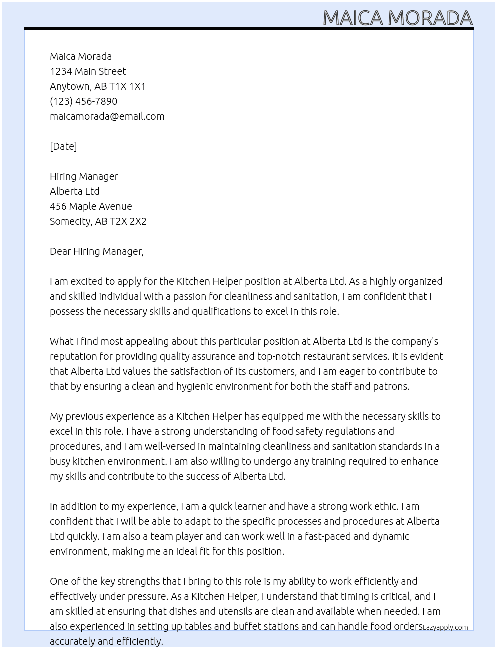 Kitchen Helper At ALberta Ltd Cover Letter