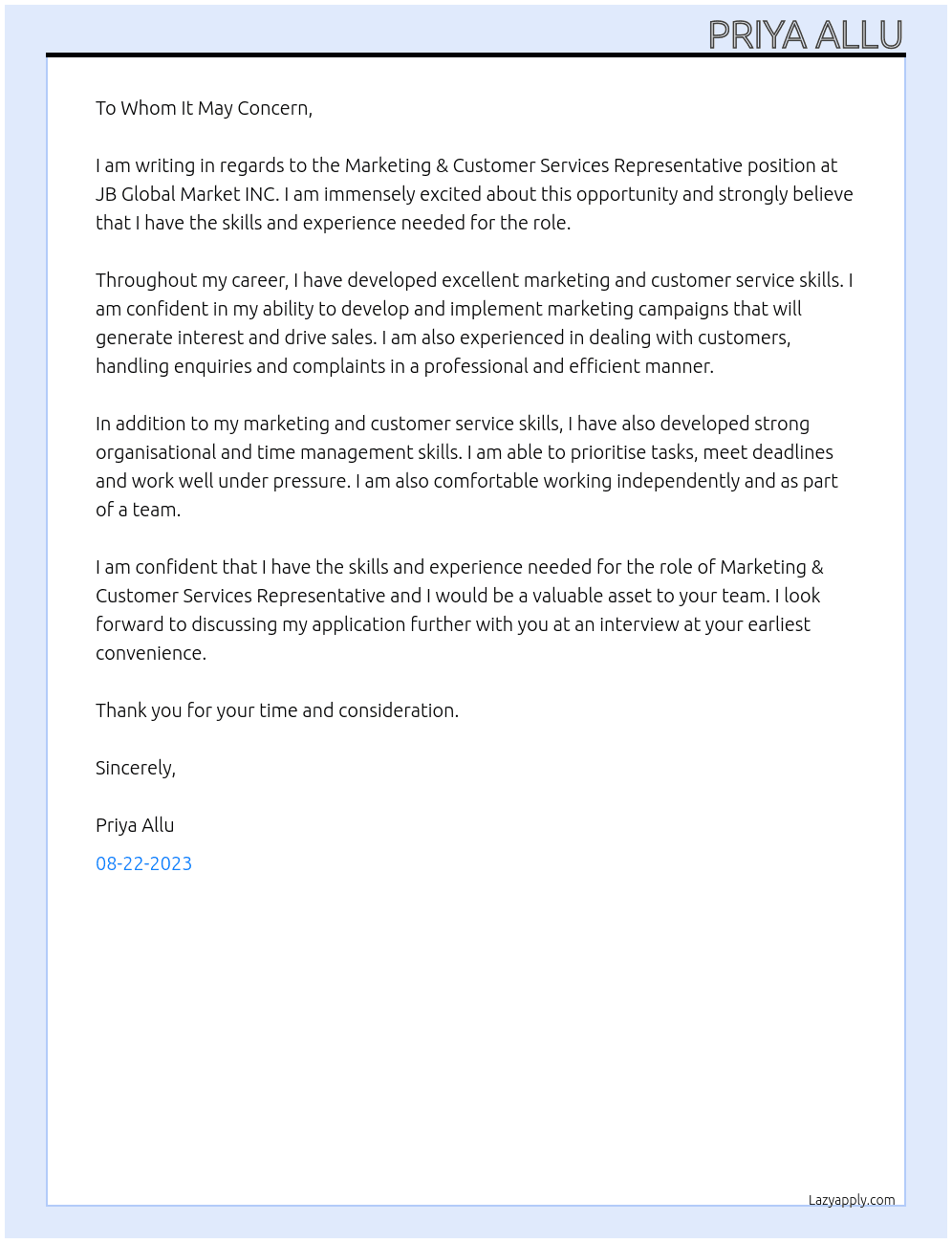 Marketing & Customer Services Representative At JB Global Market INC Cover Letter