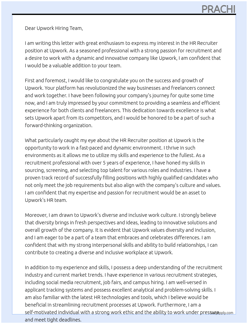 hr recruiter At upwork Cover Letter